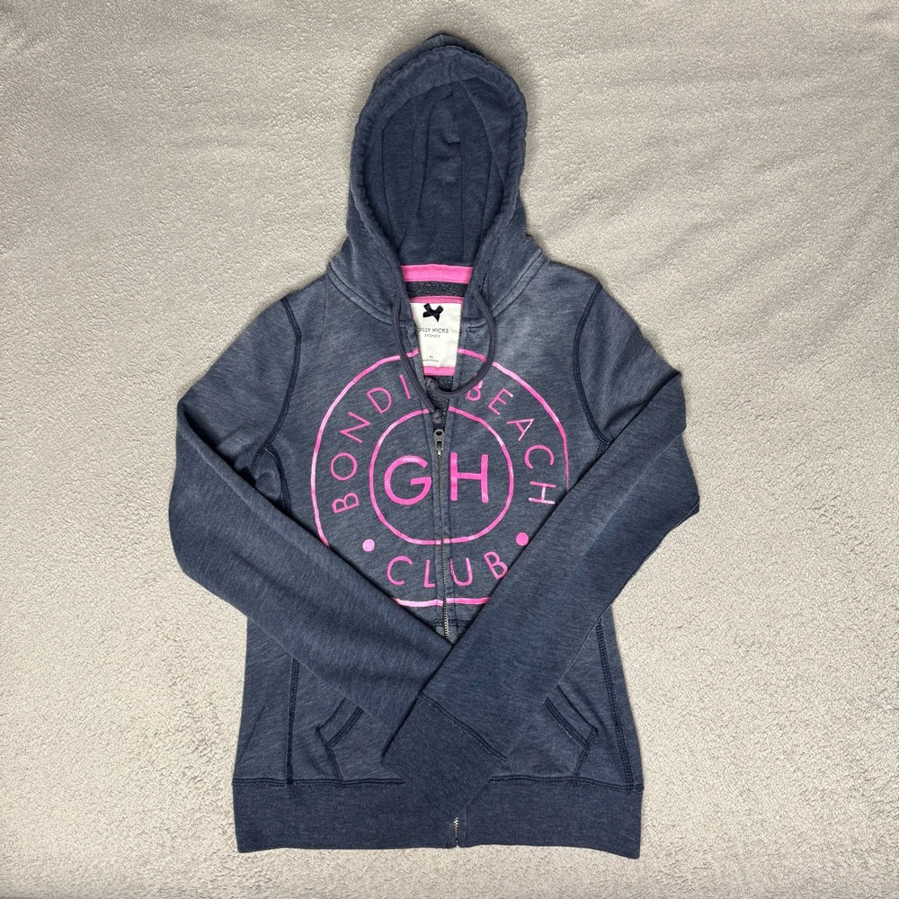VTG Y2K Grey Gilly Hicks Zip-Up Hoodie with Pink Accent Logo - Women's XS